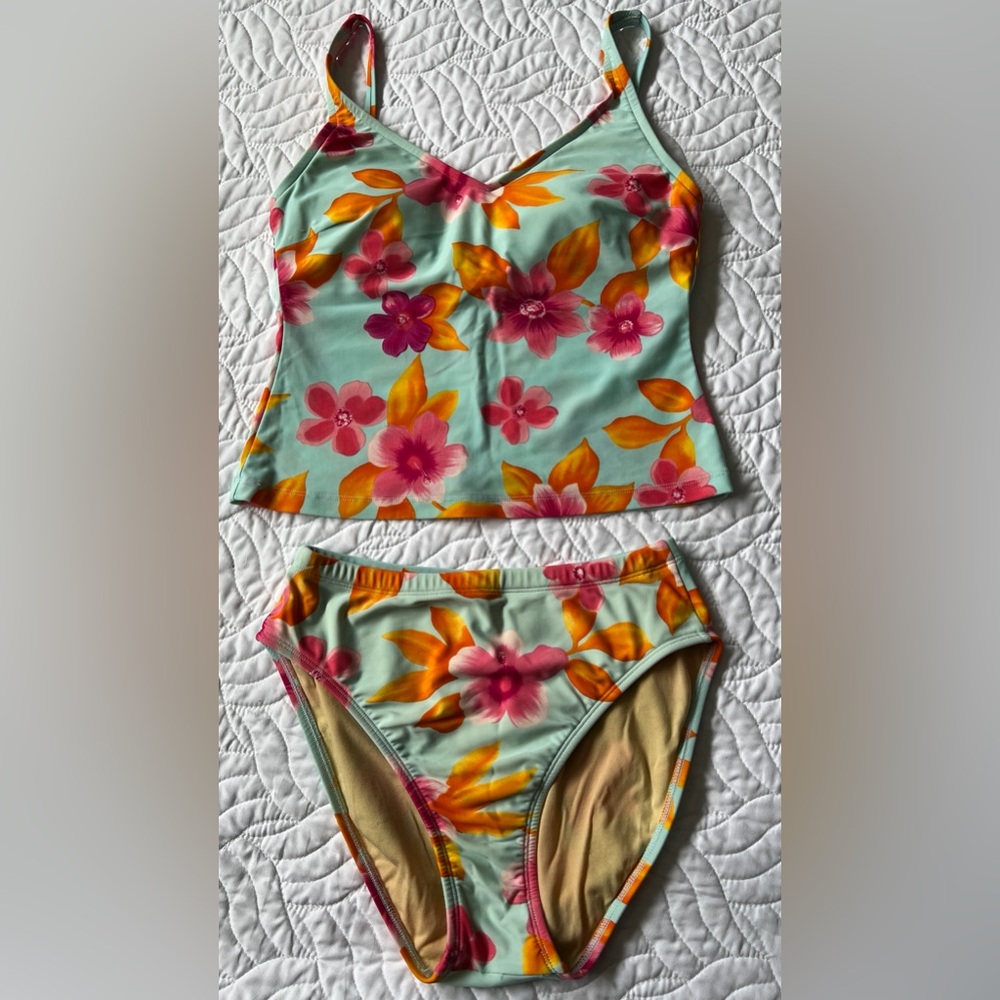 Gloria Vanderbilt Tankini Size 10 Tropical Floral Swimsuit Aqua Pink Orange